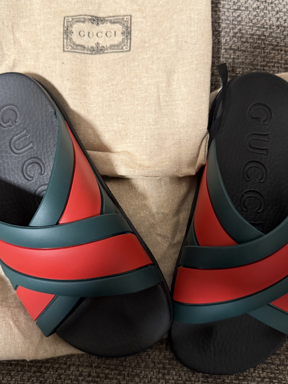 Gucci Men’s Dark Green & Red Cross-Strap Slide Sandals